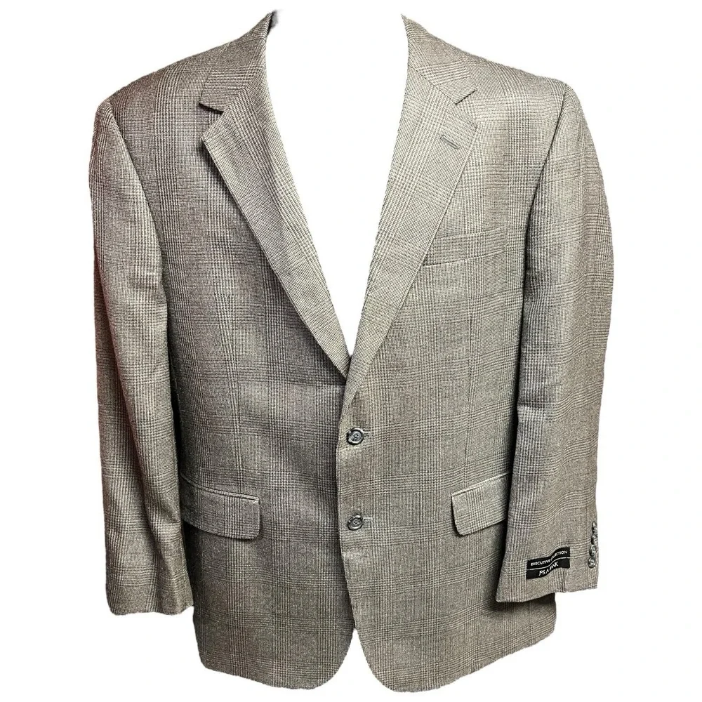 Jos. A. Bank Blazer Mens 43 Reg Grey Silk Wool Glen Plaid Executive 2-Button New